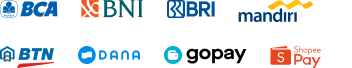 Logo metode pembayaran: BCA, BNI, BRI, Mandiri, BTN, DANA, GoPay, dan metode pembayaran lain